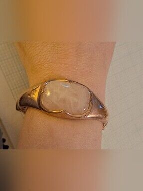 Milor Italy Bronze Rose Gold Hinged Bangle Bracelet with Rose Quartz Stone